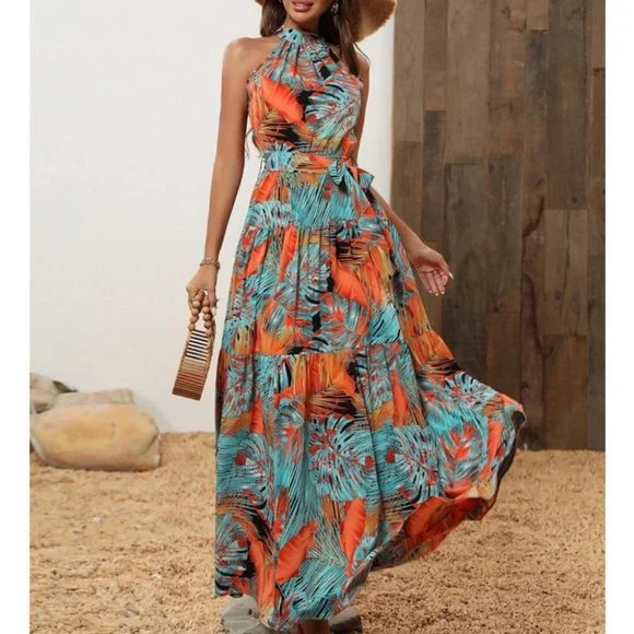 Tropical Palm Print Belted Halter Maxi Dress - Picture 3 of 8